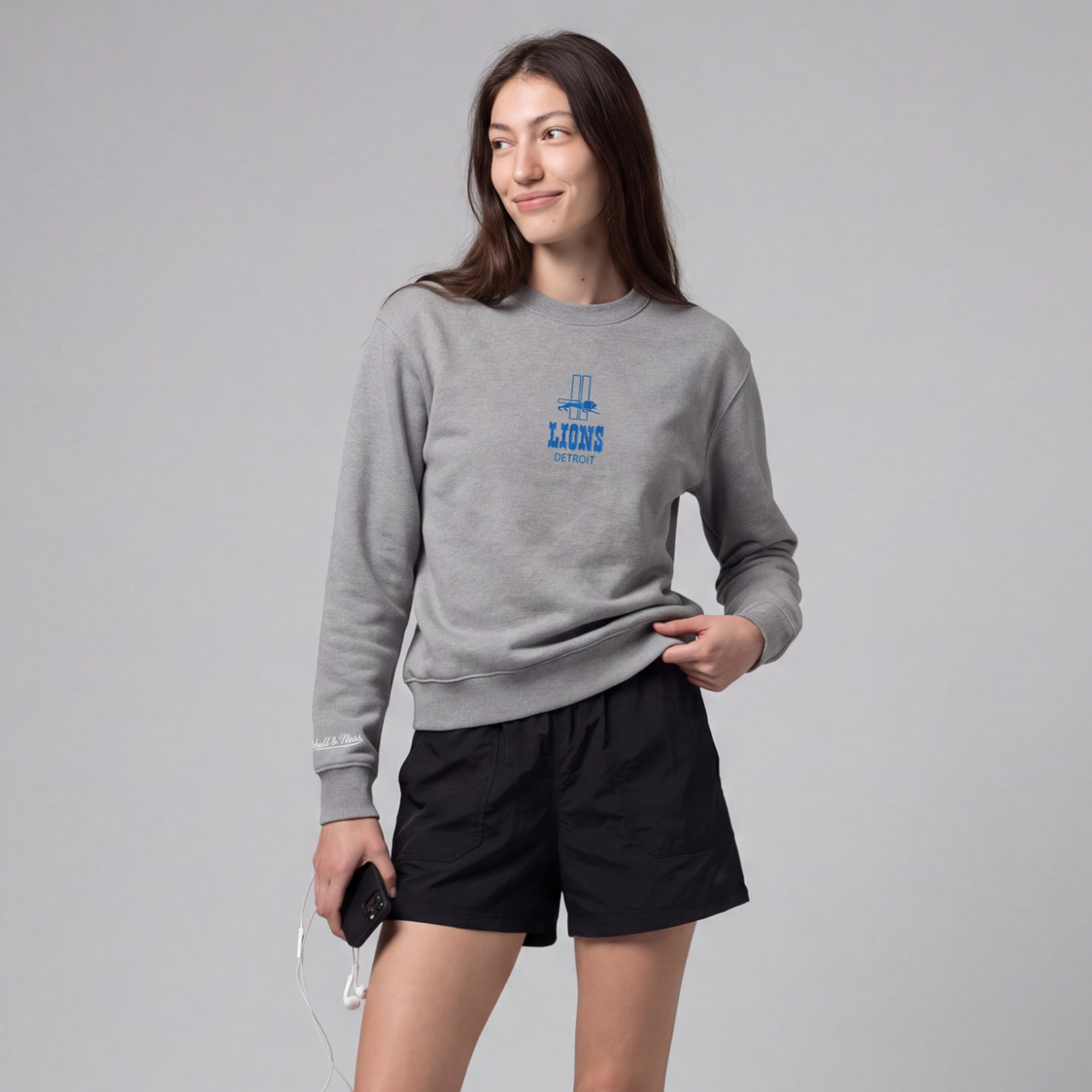 Women's Mitchell & Ness Gray Detroit Lions Core Essentials Micro Logo Fleece Sweatshirt