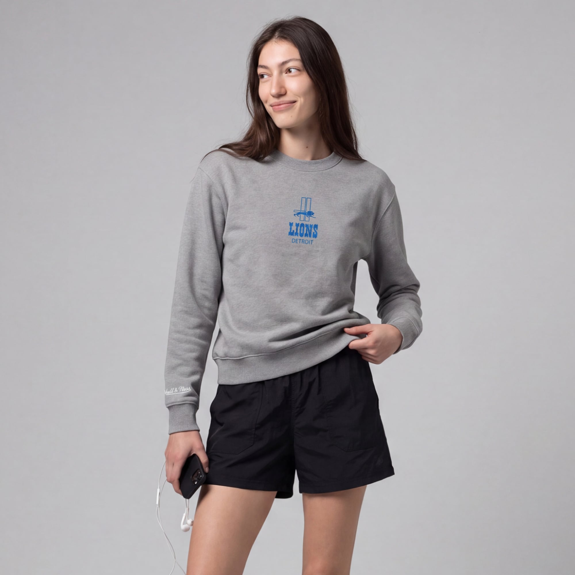 Mitchell & Ness Damen-Fleece-Sweatshirt in Grau mit Detroit Lions Core Essentials Micro-Logo