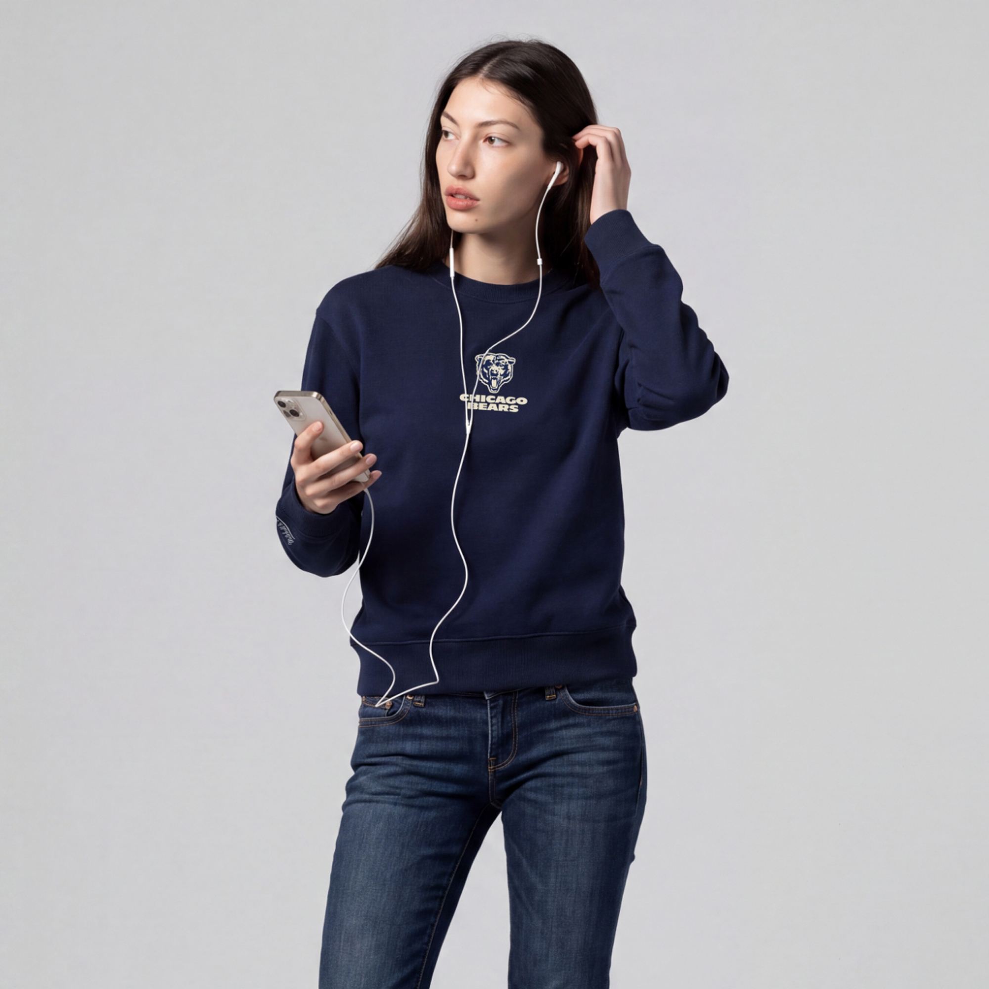 Women's Mitchell & Ness Navy Chicago Bears Core Essentials Micro Logo Fleece Sweatshirt