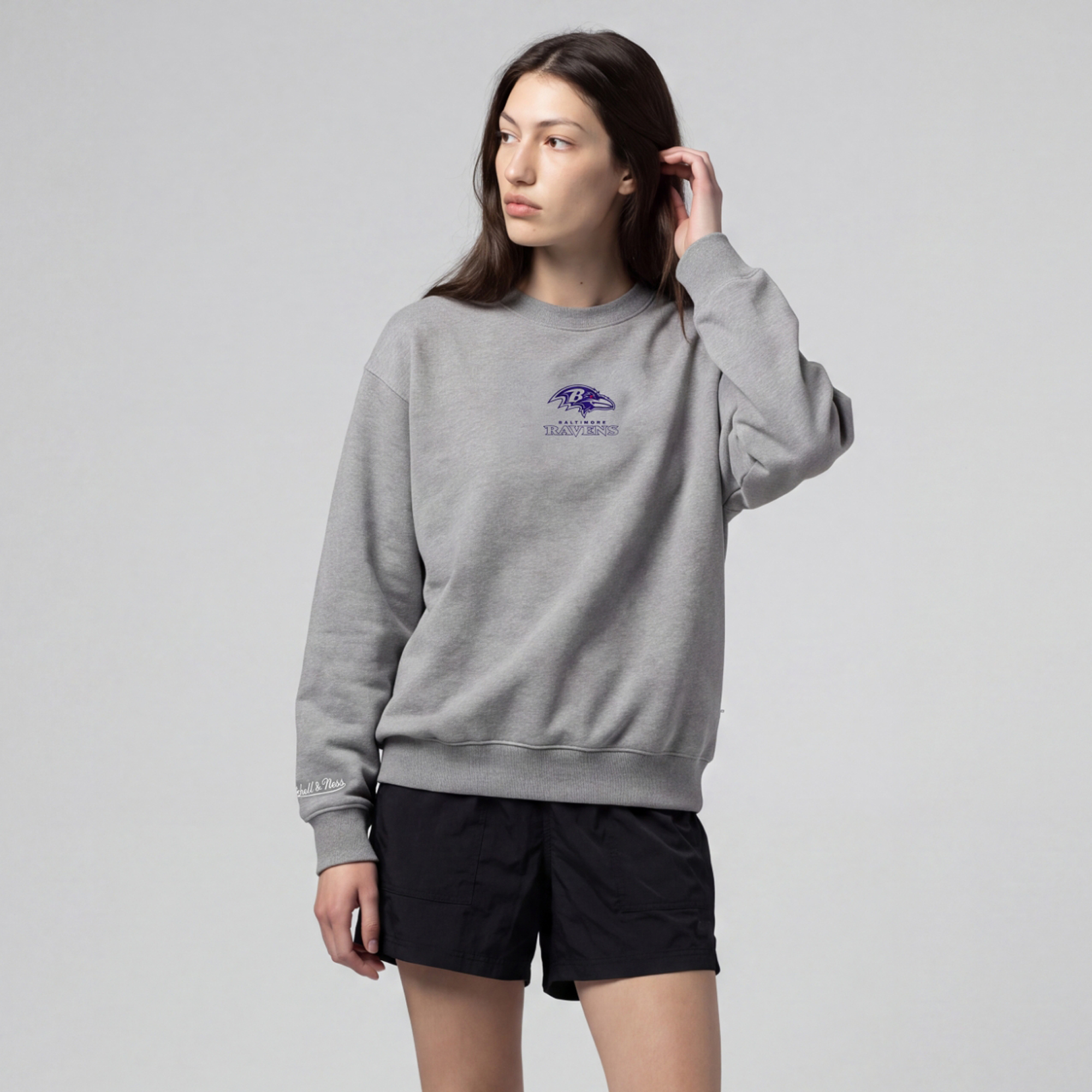 Women's Mitchell & Ness Gray Baltimore Ravens Core Essentials Micro Logo Fleece Sweatshirt
