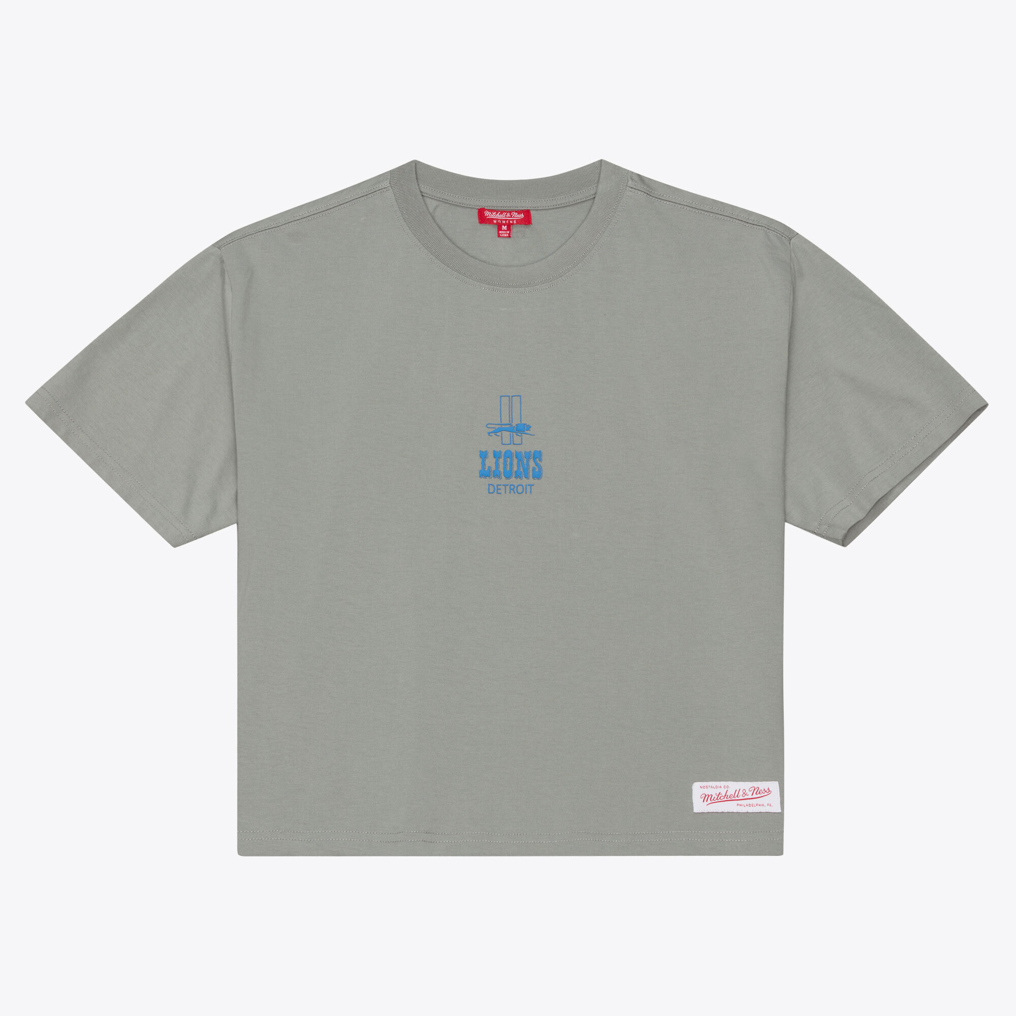 Women's Mitchell & Ness Gray Detroit Lions Core Essentials Micro Logo Boxy Crop T-Shirt