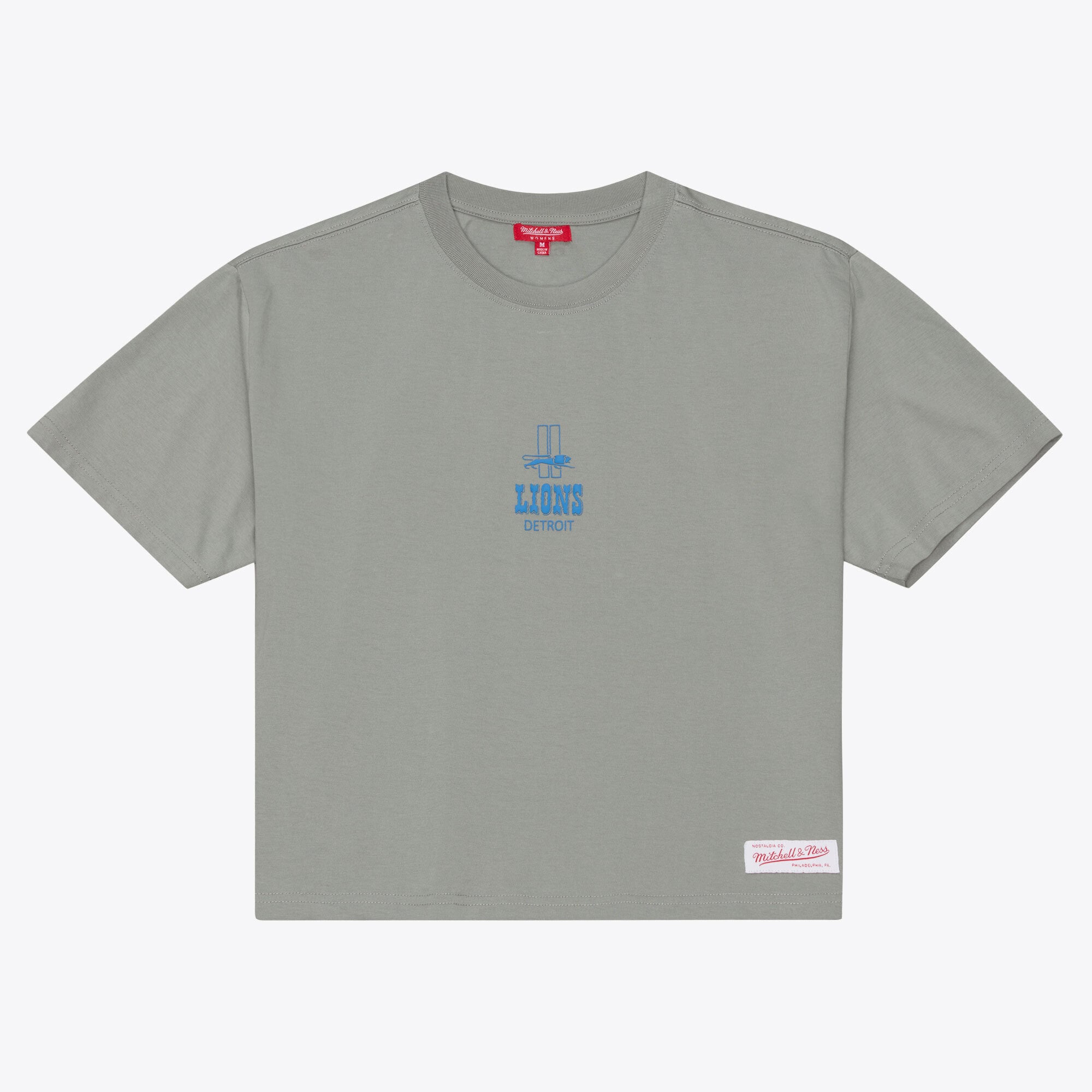 Mitchell & Ness Damen-T-Shirt in Grau mit Detroit Lions Core Essentials Micro-Logo, kastenförmig geschnitten