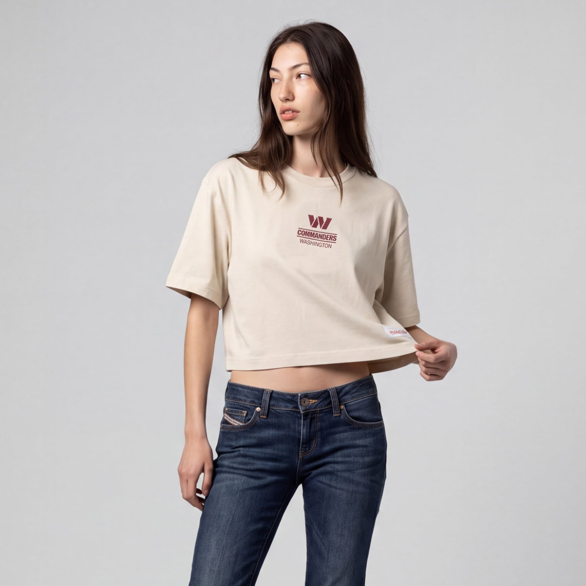 Women's Mitchell & Ness Cream Washington Commanders Core Essentials Micro Logo Boxy Crop T-Shirt