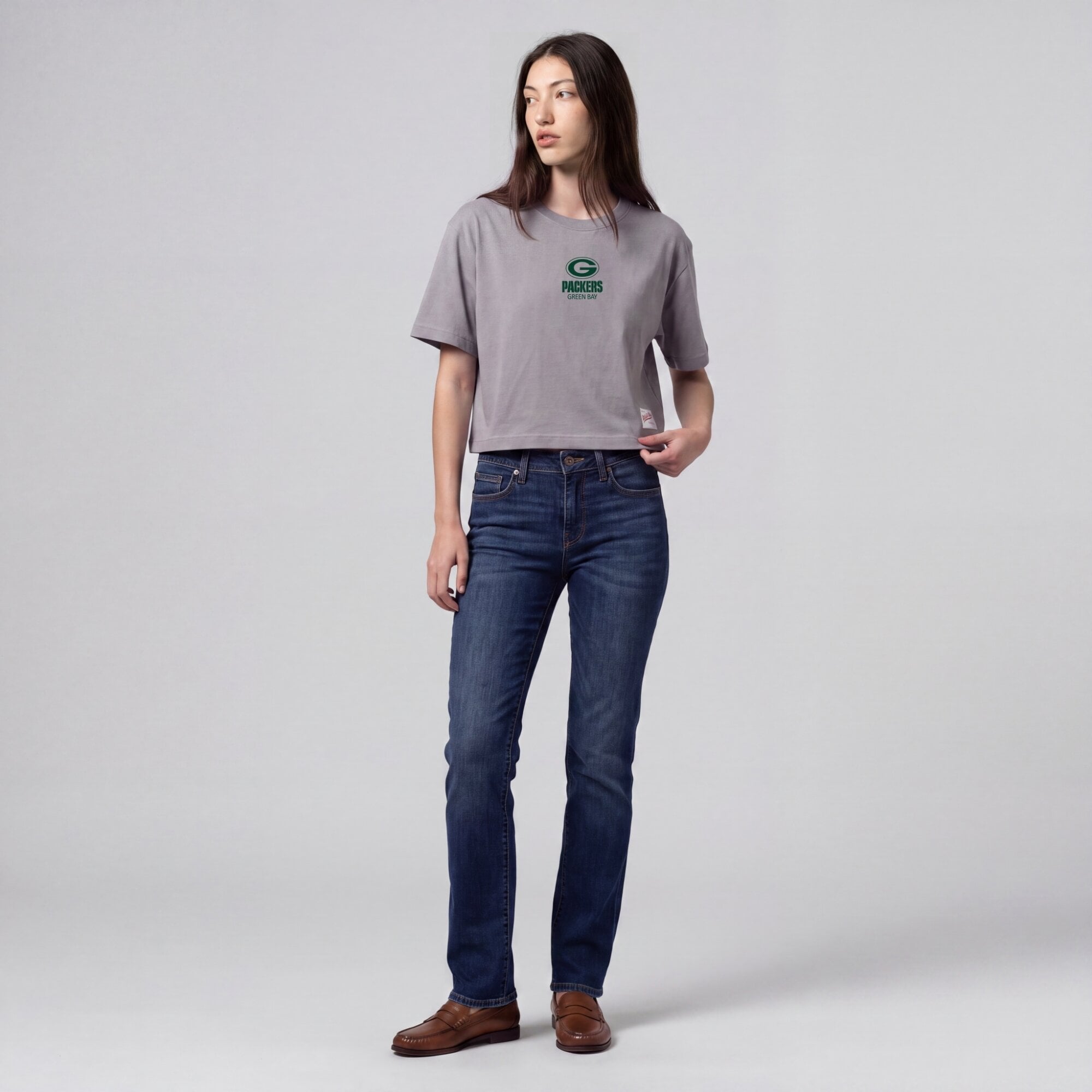 Women's Mitchell & Ness Gray Green Bay Packers Core Essentials Micro Logo Boxy Crop T-Shirt
