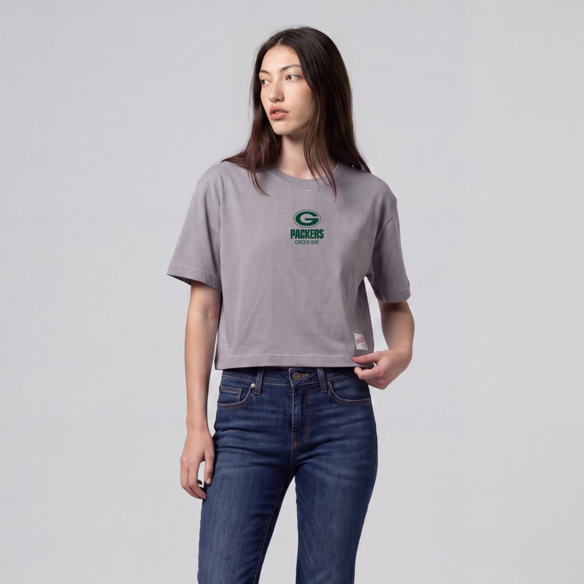 Women's Mitchell & Ness Gray Green Bay Packers Core Essentials Micro Logo Boxy Crop T-Shirt