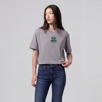 Women's Mitchell & Ness Gray Green Bay Packers Core Essentials Micro Logo Boxy Crop T-Shirt