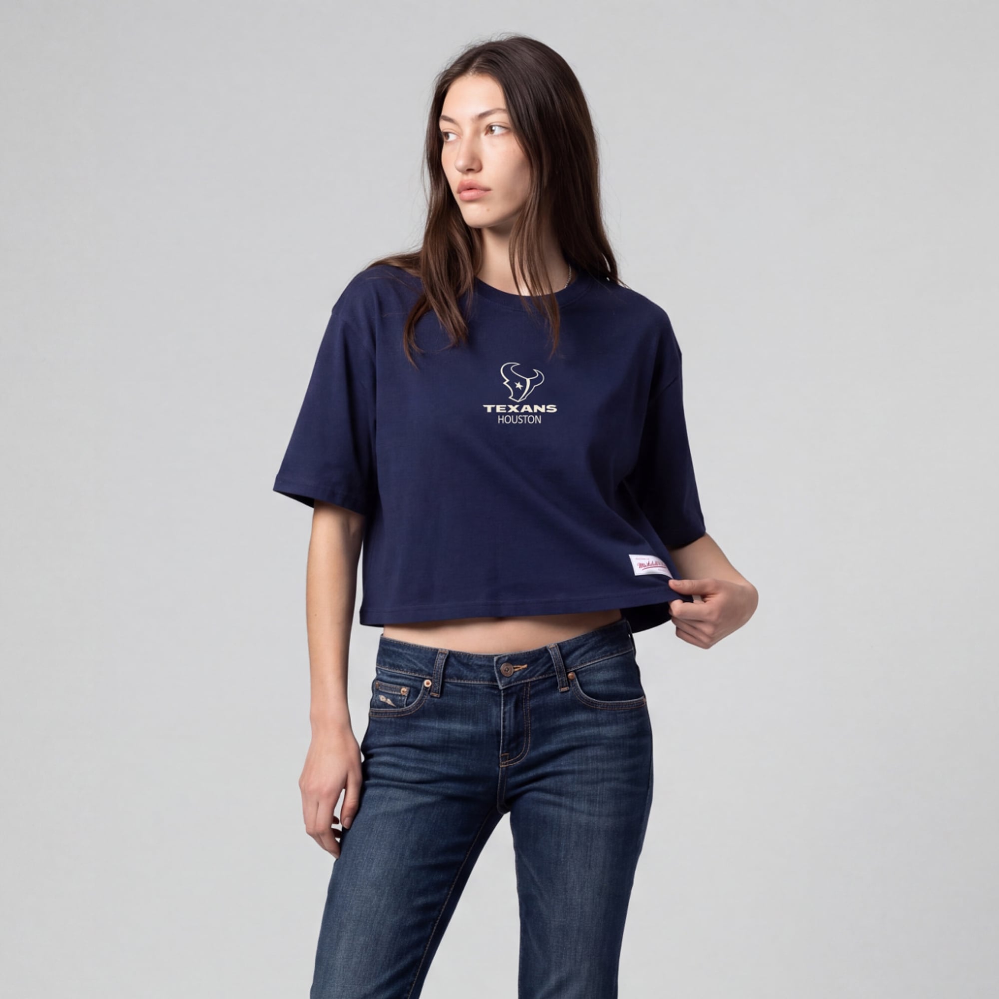 Women's Mitchell & Ness Navy Houston Texans Core Essentials Micro Logo Boxy Crop T-Shirt