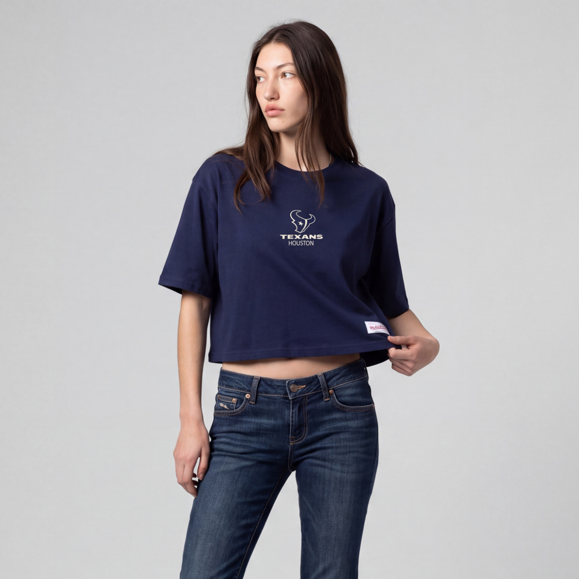 Women's Mitchell & Ness Navy Houston Texans Core Essentials Micro Logo Boxy Crop T-Shirt