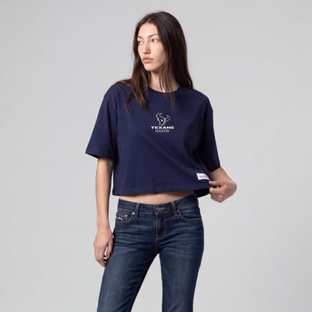Women's Mitchell & Ness Navy Houston Texans Core Essentials Micro Logo Boxy Crop T-Shirt