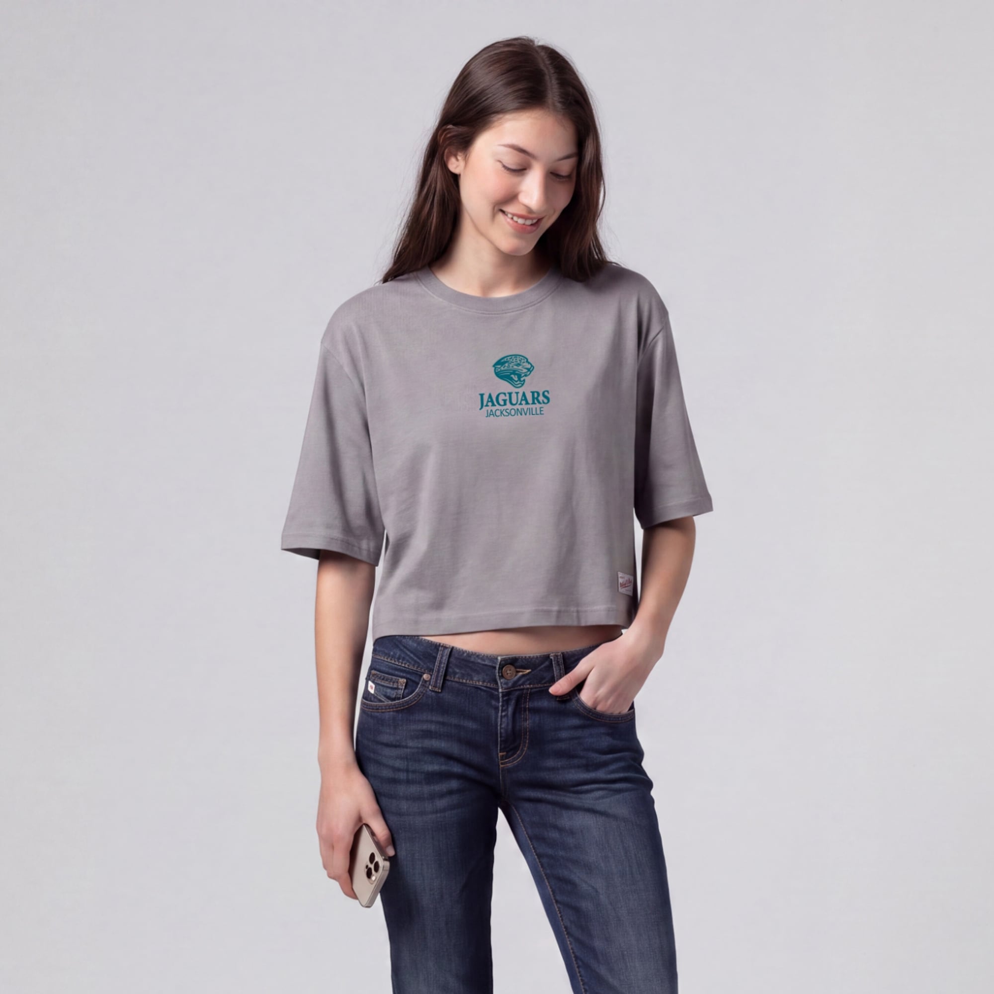 Women's Mitchell & Ness Gray Jacksonville Jaguars Core Essentials Micro Logo Boxy Crop T-Shirt