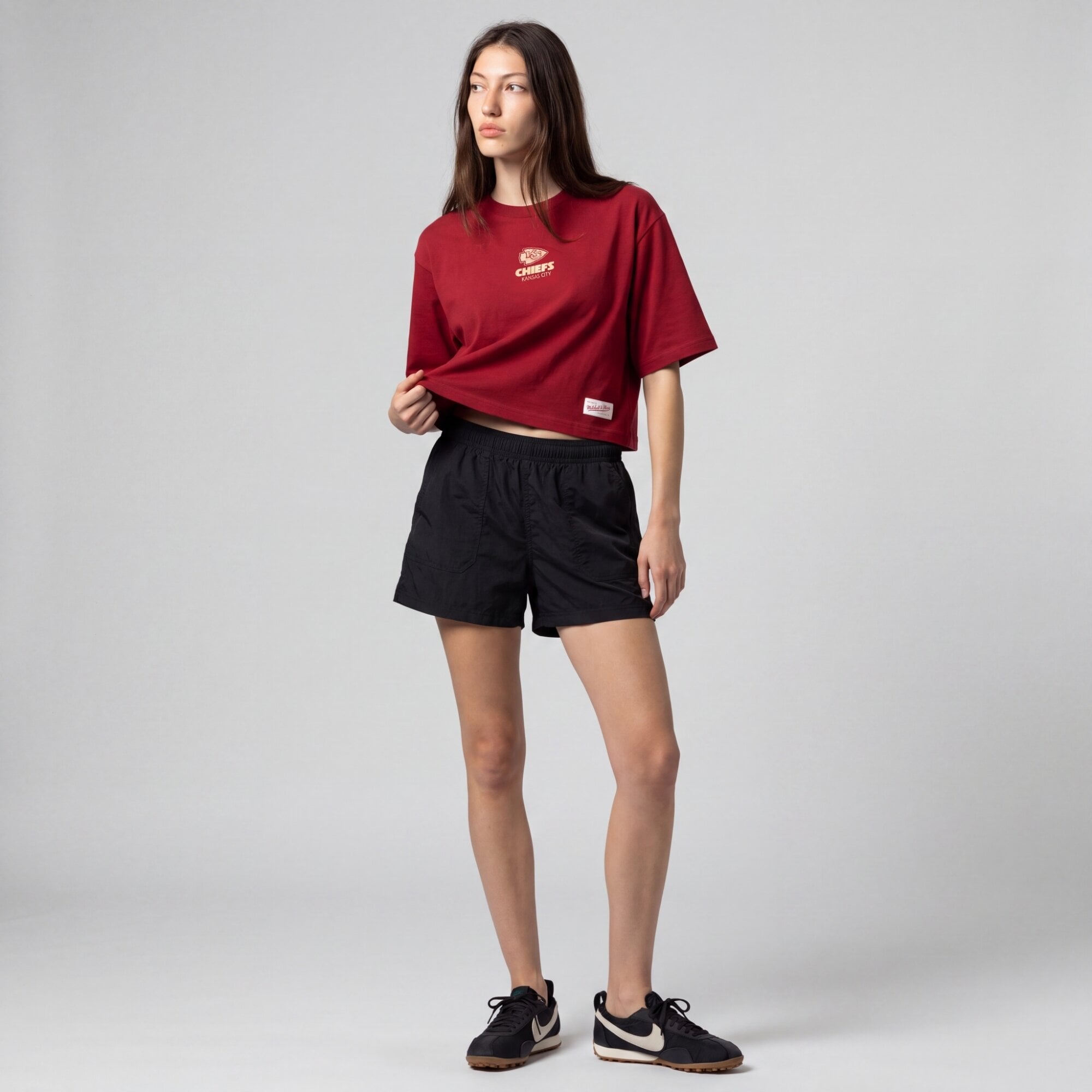Women's Mitchell & Ness Scarlet Kansas City Chiefs Core Essentials Micro Logo Boxy Crop T-Shirt