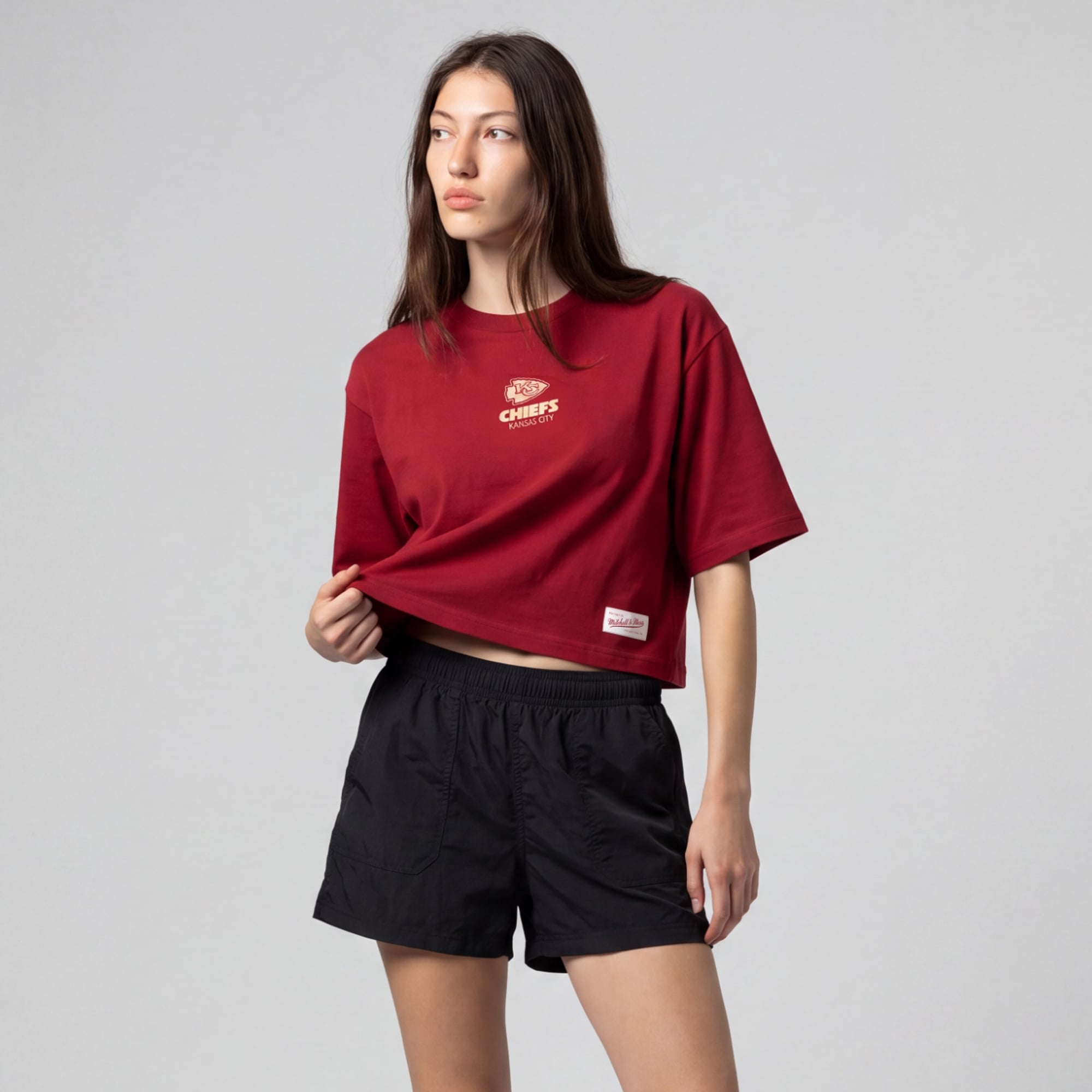 Women's Mitchell & Ness Scarlet Kansas City Chiefs Core Essentials Micro Logo Boxy Crop T-Shirt