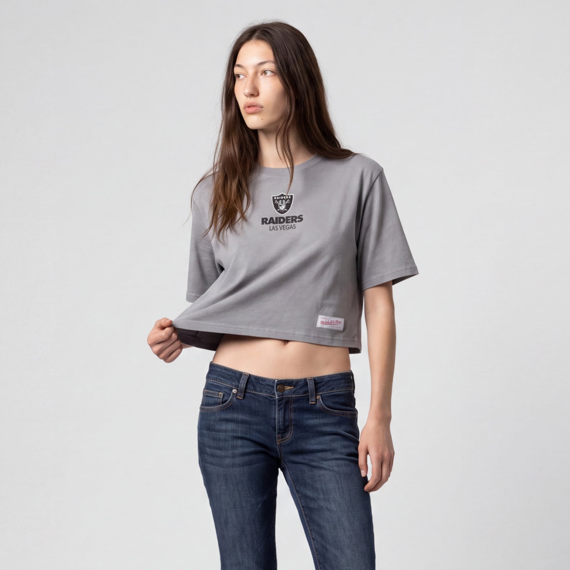 Women's Mitchell & Ness Gray Las Vegas Raiders Core Essentials Micro Logo Boxy Crop T-Shirt