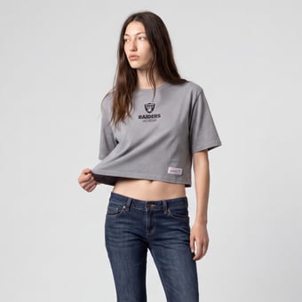 Women's Mitchell & Ness Gray Las Vegas Raiders Core Essentials Micro Logo Boxy Crop T-Shirt