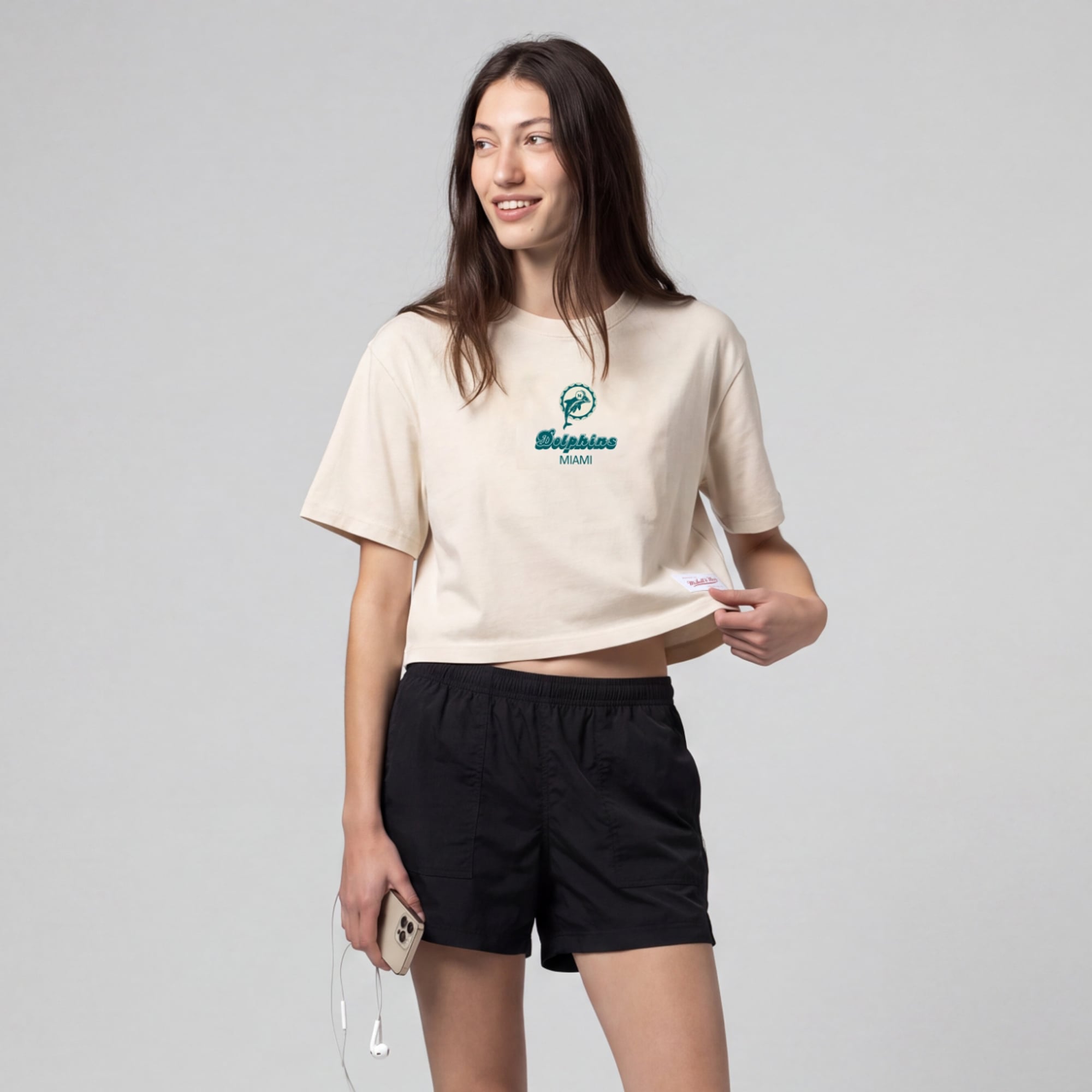 Women's Mitchell & Ness Cream Miami Dolphins Core Essentials Micro Logo Boxy Crop T-Shirt