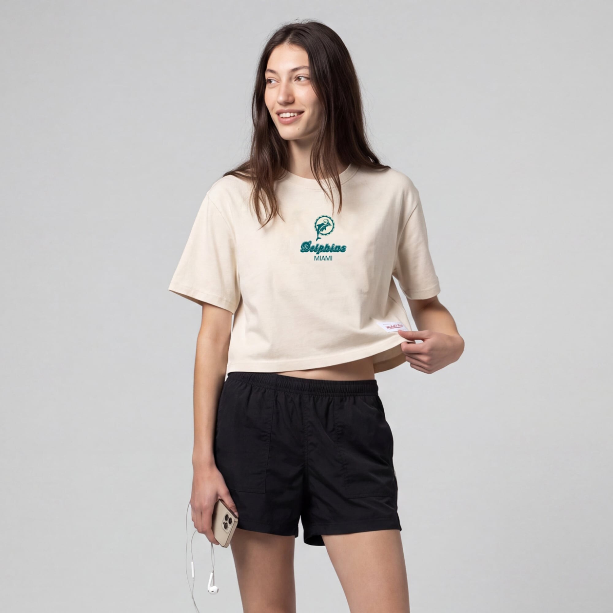 Women's Mitchell & Ness Cream Miami Dolphins Core Essentials Micro Logo Boxy Crop T-Shirt