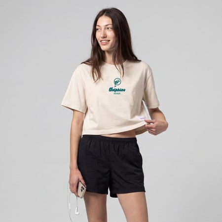 Women's Mitchell & Ness Cream Miami Dolphins Core Essentials Micro Logo Boxy Crop T-Shirt