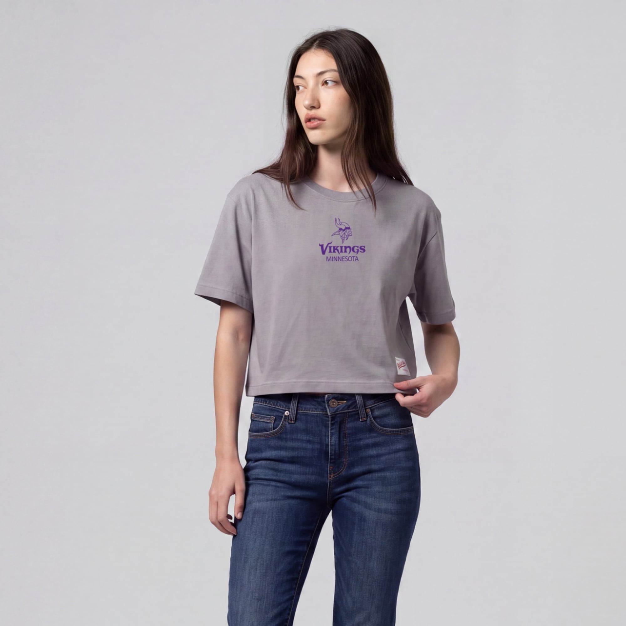 Women's Mitchell & Ness Gray Minnesota Vikings Core Essentials Micro Logo Boxy Crop T-Shirt