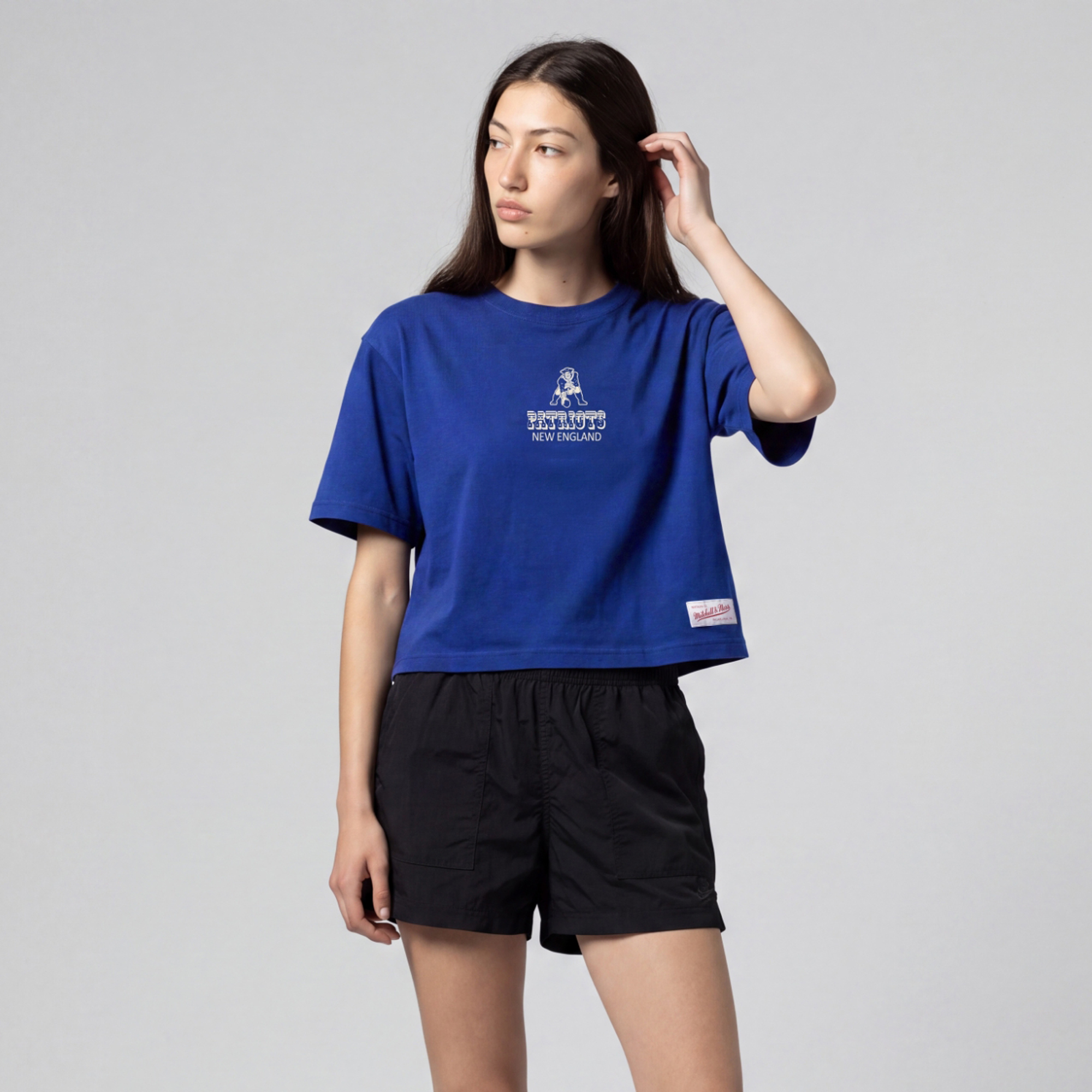 Women's Mitchell & Ness Royal New England Patriots Core Essentials Micro Logo Boxy Crop T-Shirt
