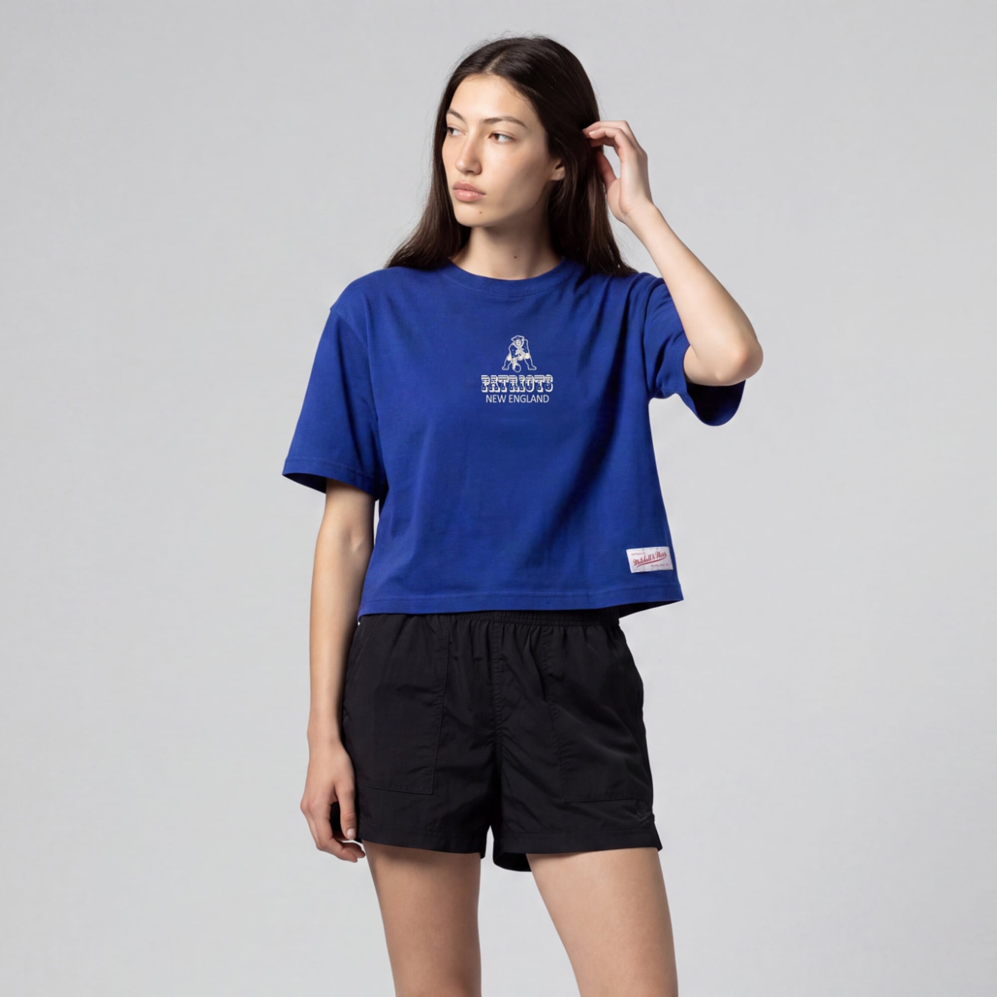 Women's Mitchell & Ness Royal New England Patriots Core Essentials Micro Logo Boxy Crop T-Shirt