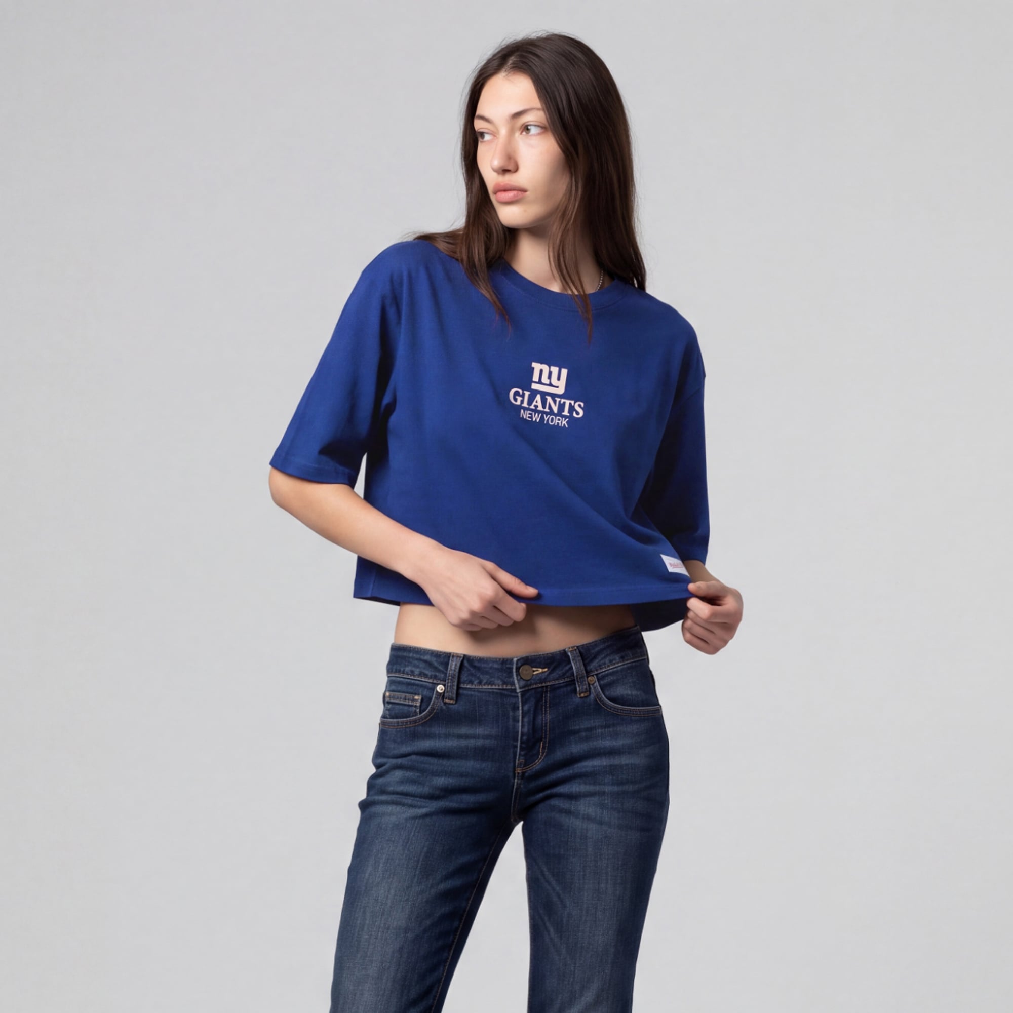Mitchell & Ness Royal New York Giants Core Essentials Micro Logo Boxy Crop T-Shirt für Damen