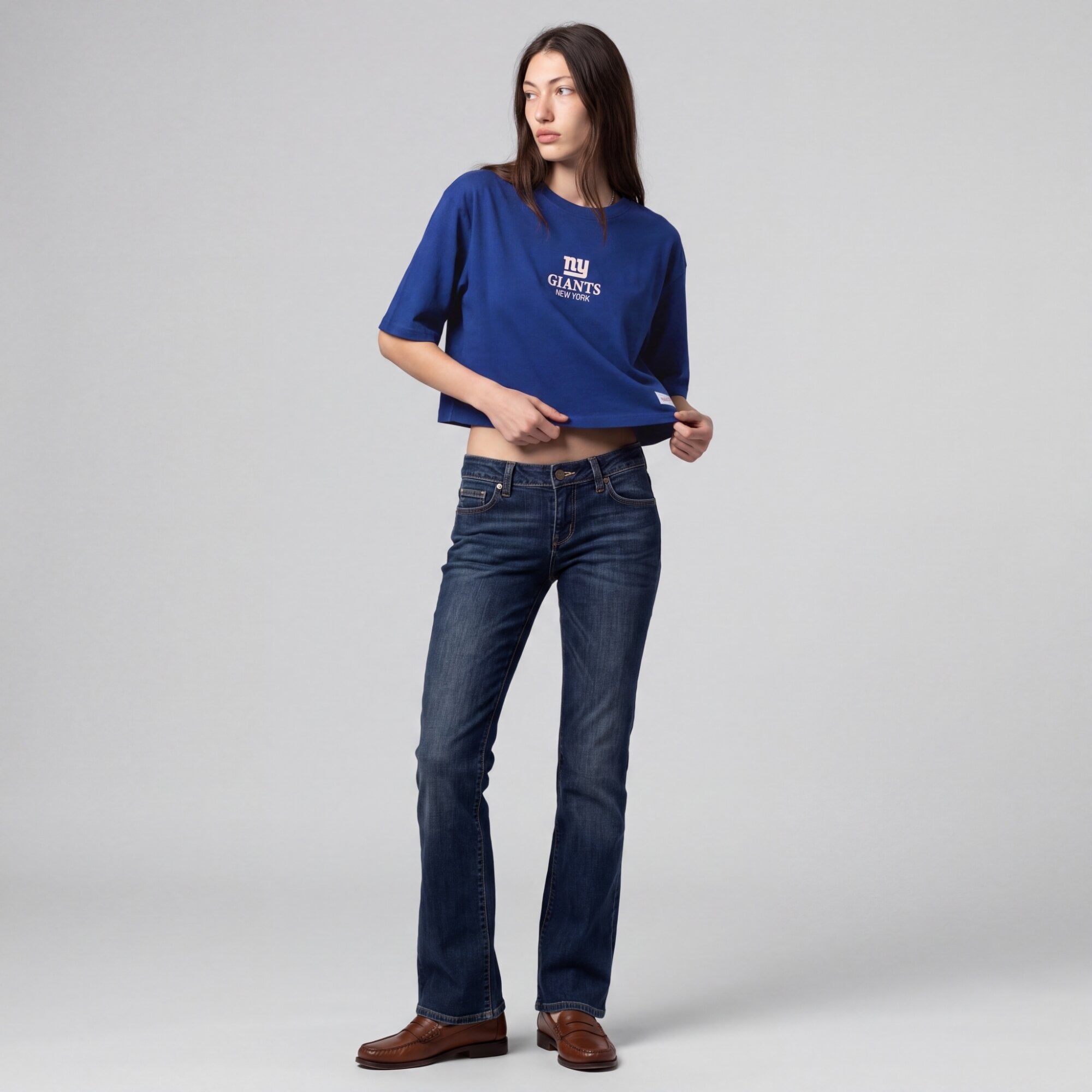 Mitchell & Ness Royal New York Giants Core Essentials Micro Logo Boxy Crop T-Shirt für Damen