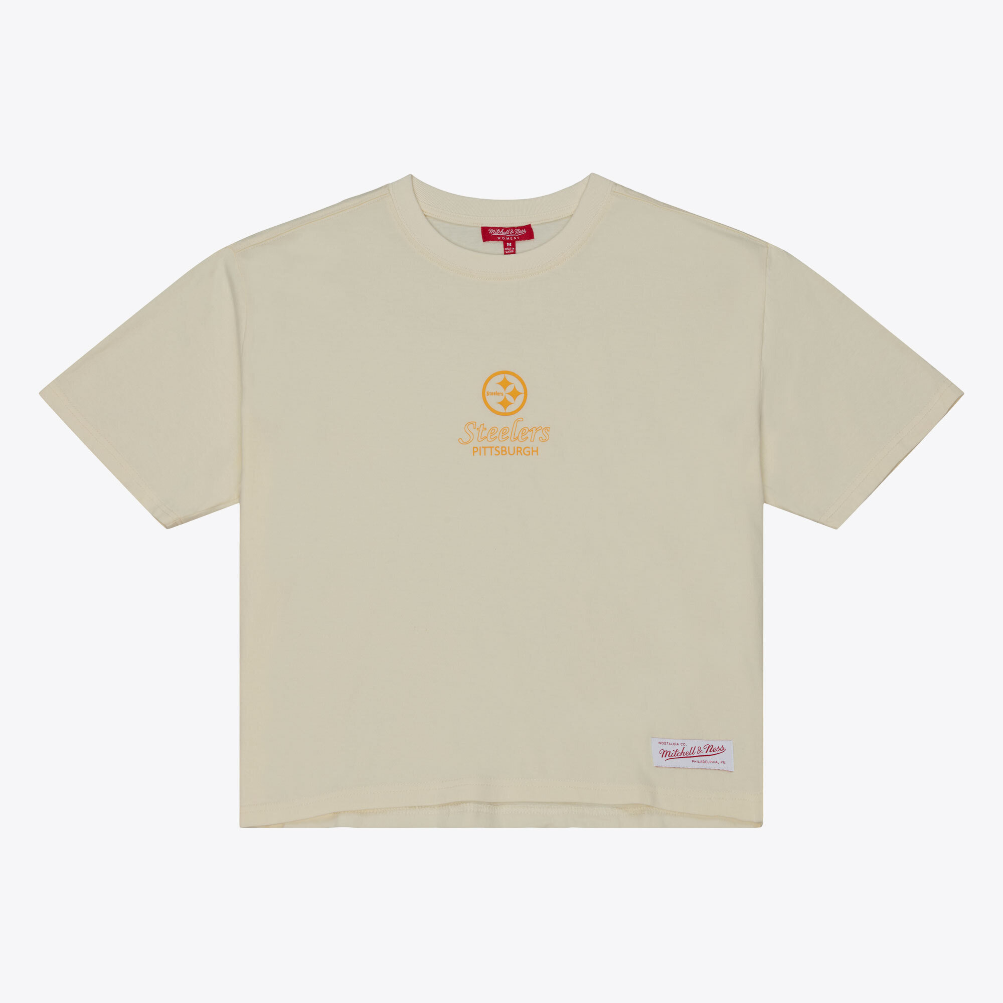 Women's Mitchell & Ness Cream Pittsburgh Steelers Core Essentials Micro Logo Boxy Crop T-Shirt