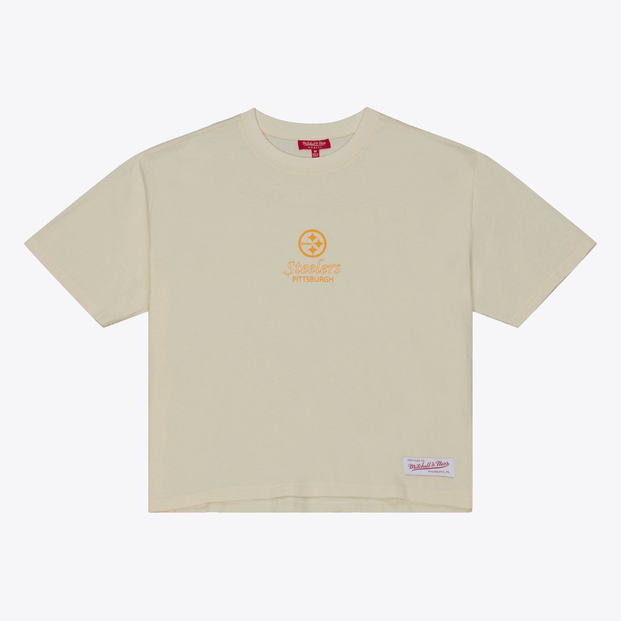 Mitchell & Ness Damen-T-Shirt in Creme mit Pittsburgh Steelers Core Essentials Micro-Logo, kastenförmig geschnitten