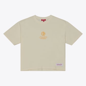 Women's Mitchell & Ness Cream Pittsburgh Steelers Core Essentials Micro Logo Boxy Crop T-Shirt