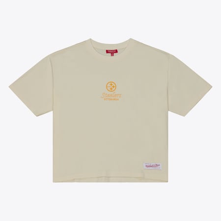 Women's Mitchell & Ness Cream Pittsburgh Steelers Core Essentials Micro Logo Boxy Crop T-Shirt