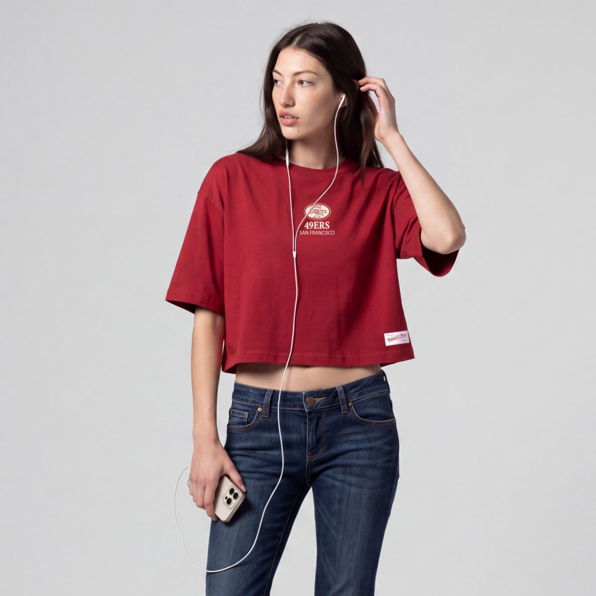 Women's Mitchell & Ness Scarlet San Francisco 49ers Core Essentials Micro Logo Boxy Crop T-Shirt