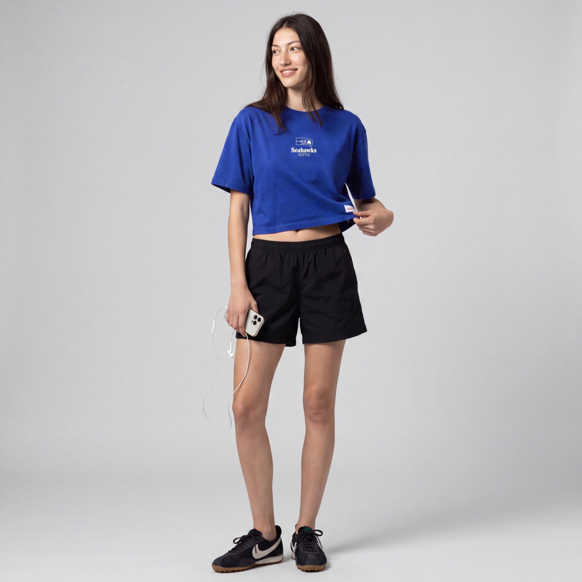Mitchell & Ness Royal Seattle Seahawks Core Essentials Micro Logo Boxy Crop T-Shirt für Damen