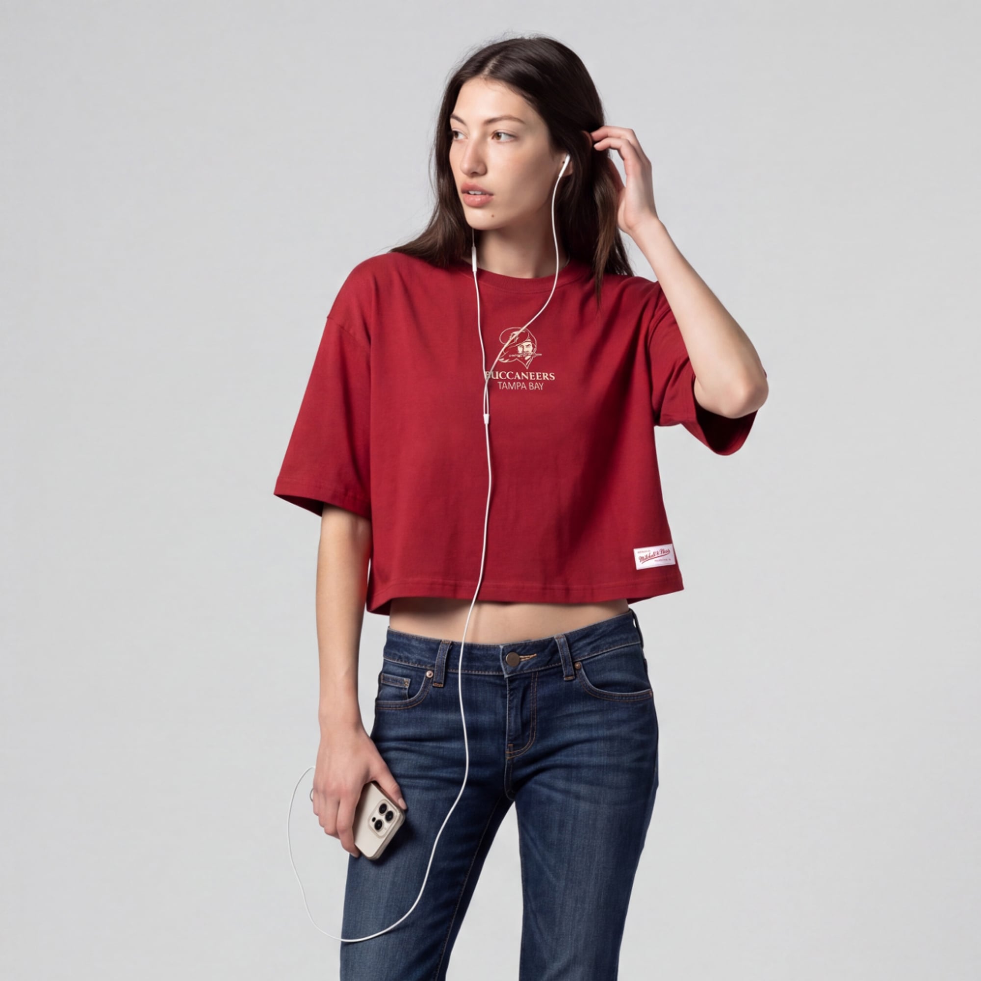 Women's Mitchell & Ness Scarlet Tampa Bay Buccaneers Core Essentials Micro Logo Boxy Crop T-Shirt