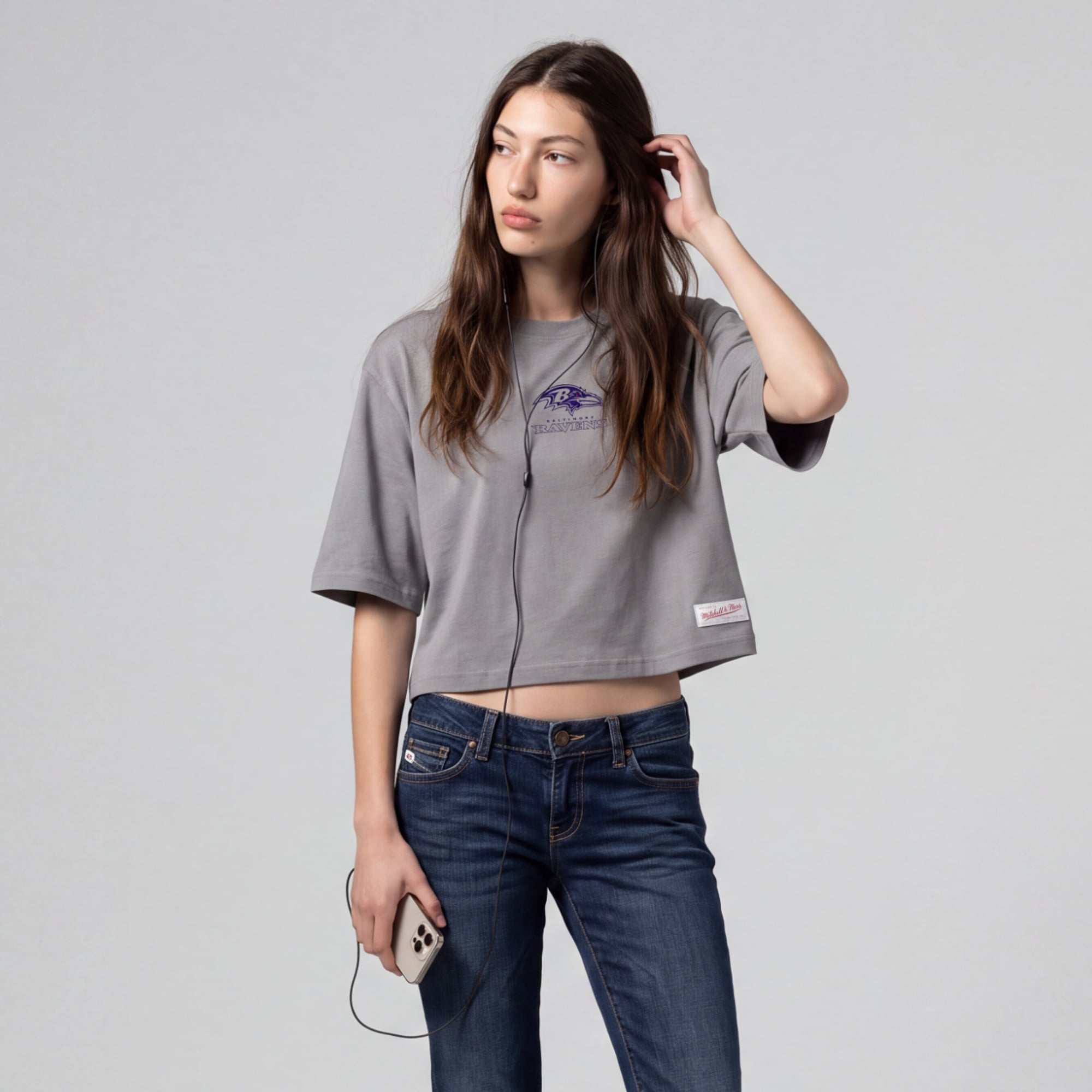 Women's Mitchell & Ness Gray Baltimore Ravens Core Essentials Micro Logo Boxy Crop T-Shirt