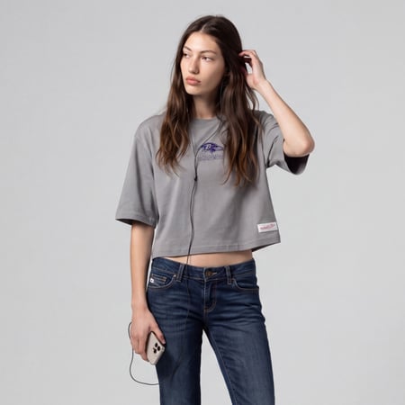 Women's Mitchell & Ness Gray Baltimore Ravens Core Essentials Micro Logo Boxy Crop T-Shirt
