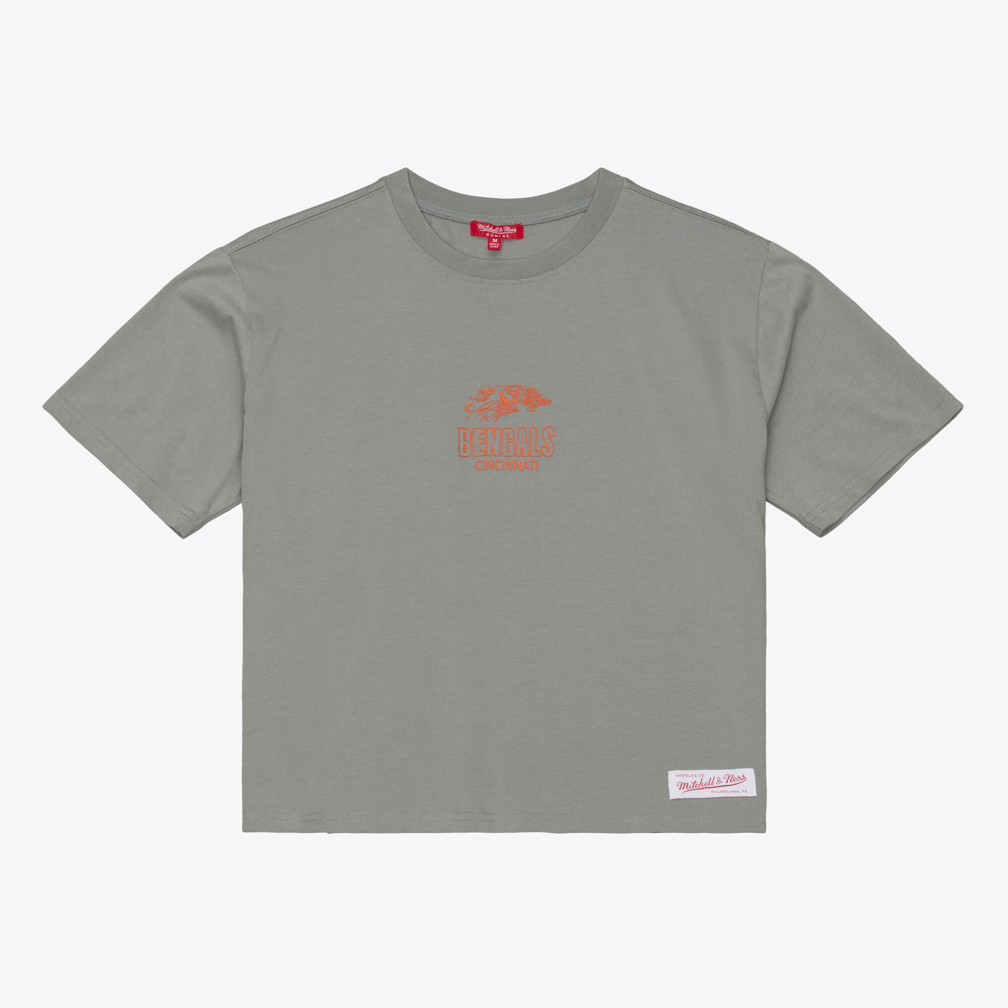 Women's Mitchell & Ness Gray Cincinnati Bengals Core Essentials Micro Logo Boxy Crop T-Shirt