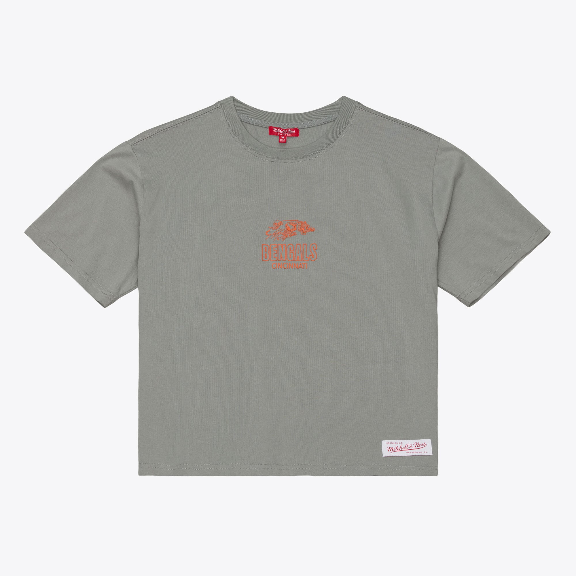 Women's Mitchell & Ness Gray Cincinnati Bengals Core Essentials Micro Logo Boxy Crop T-Shirt: retailer-supplied image