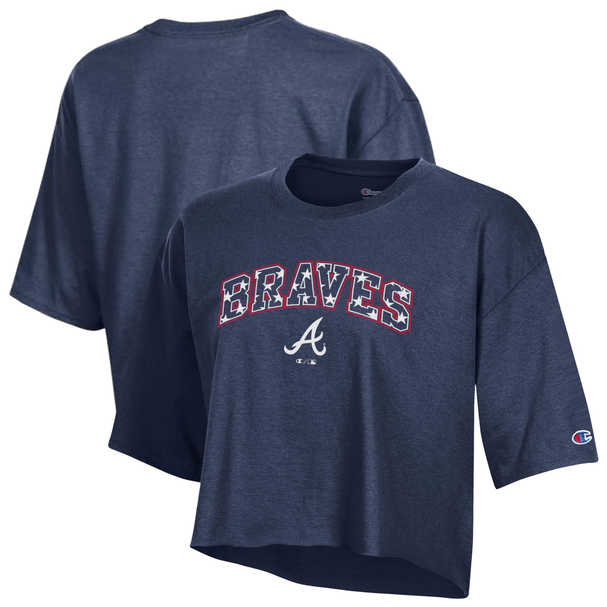 Women's Champion Navy Atlanta Braves Boyfriend Cropped Americana T-Shirt