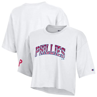 Women's Champion  White Philadelphia Phillies Boyfriend Cropped Americana T-Shirt