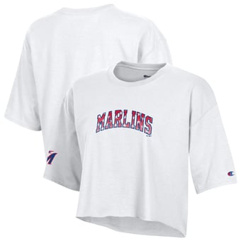 Women's Champion  White Miami Marlins Boyfriend Cropped Americana T-Shirt