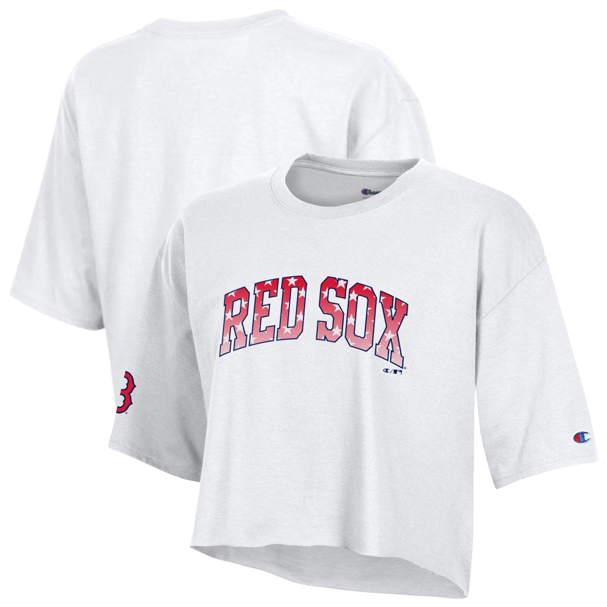 Women's Champion  White Boston Red Sox Boyfriend Cropped Americana T-Shirt