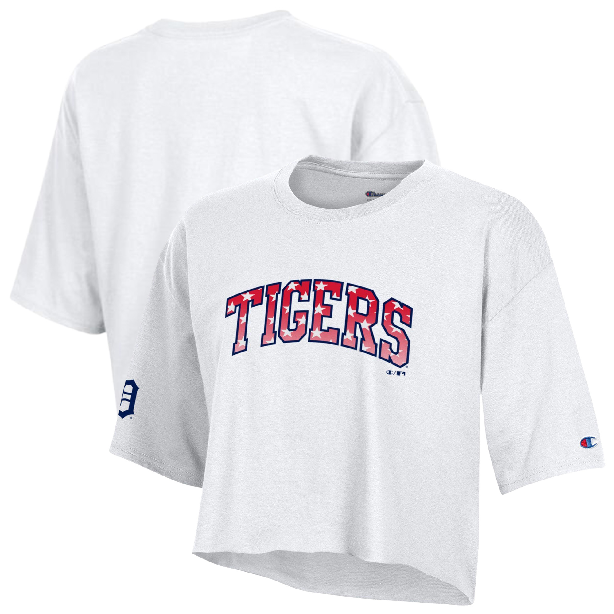 Women's Champion  White Detroit Tigers Boyfriend Cropped Americana T-Shirt