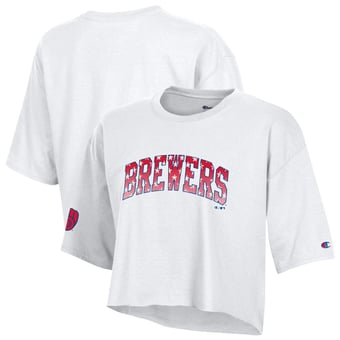 Women's Champion  White Milwaukee Brewers Boyfriend Cropped Americana T-Shirt