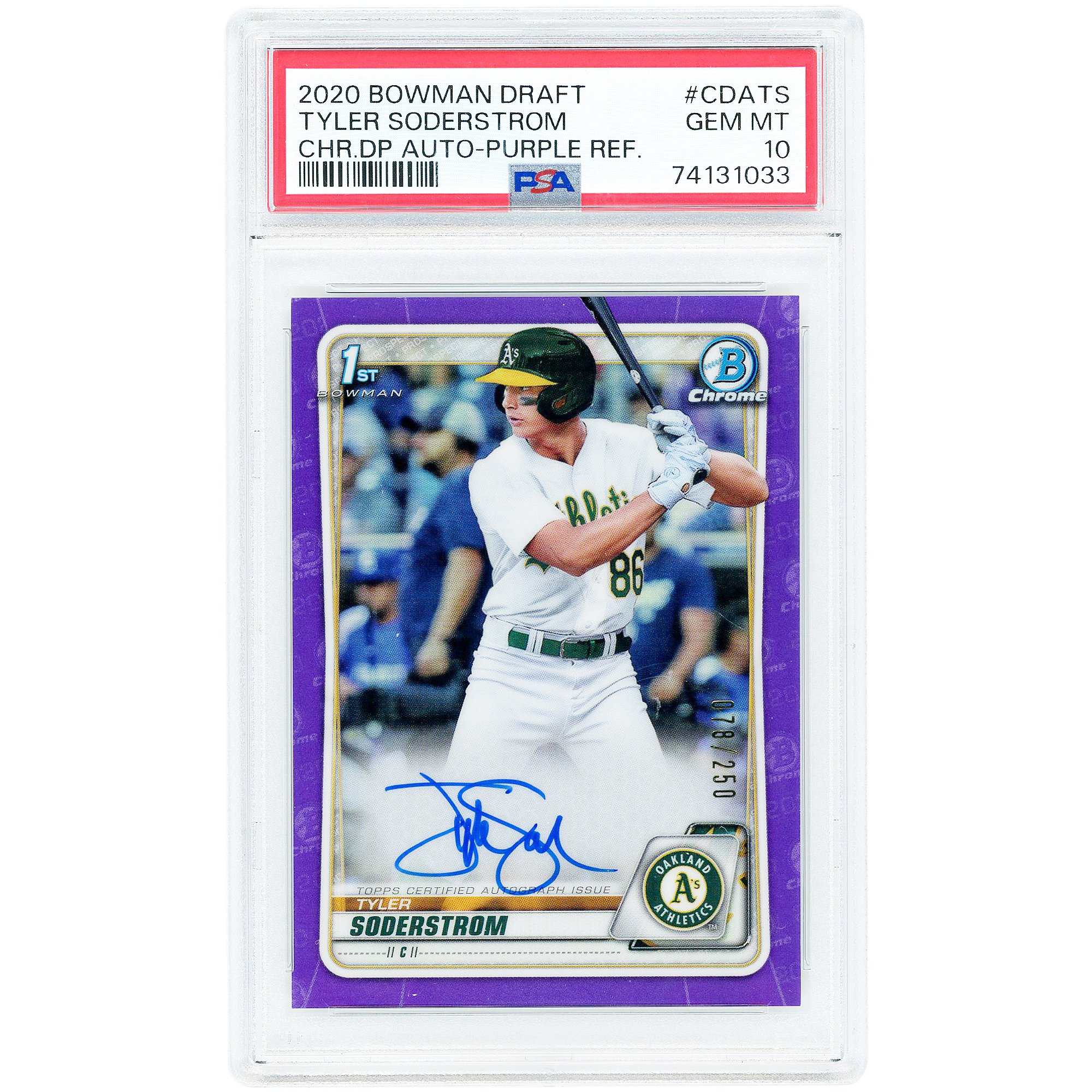 Tyler Soderstrom Athletics Autographed 2020 Bowman Chrome Purple Refractor #CDA-TS #78/250 PSA Authenticated 10 Card