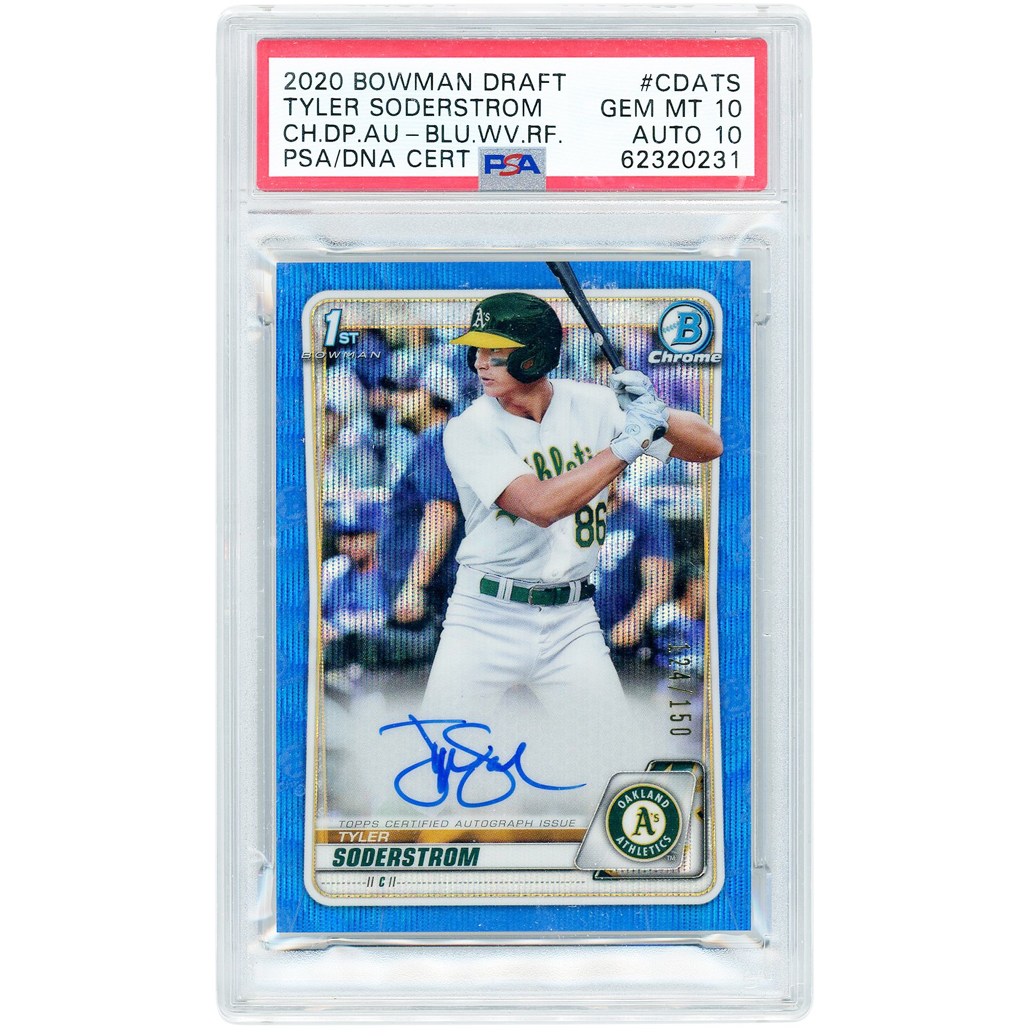 Tyler Soderstrom Athletics Autographed 2020 Bowman Chrome Blue Wave Refractor #CDA-TS #124/150 PSA Authenticated 10/10 Card