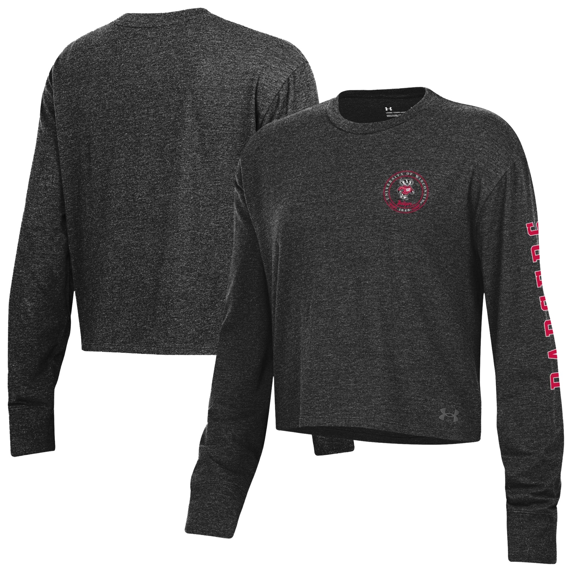 Women's Under Armour Black Wisconsin Badgers Icon Sleeve Two-Hit Long Sleeve Crop Top