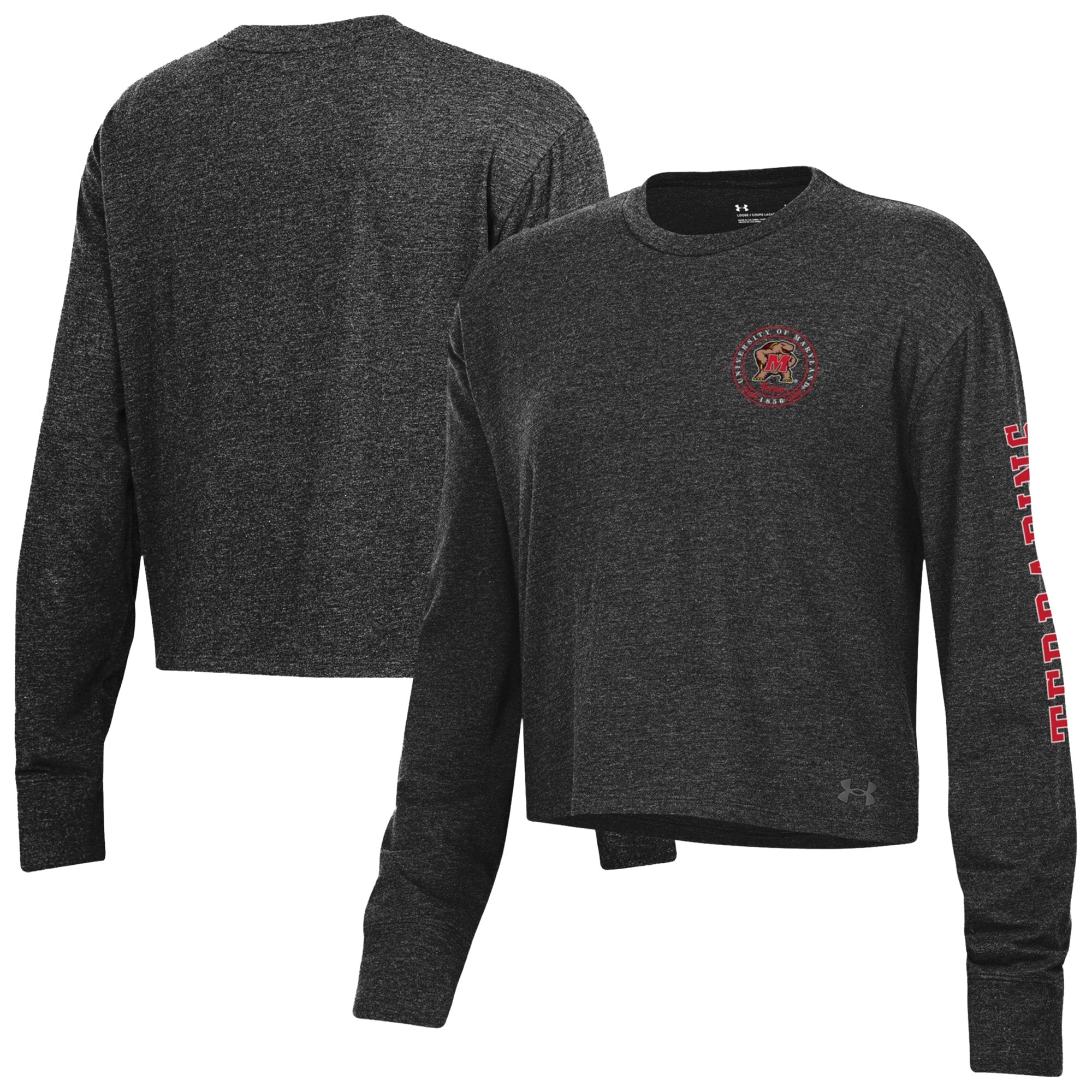 Women's Under Armour Black Maryland Terrapins Icon Sleeve Two-Hit Long Sleeve Crop Top