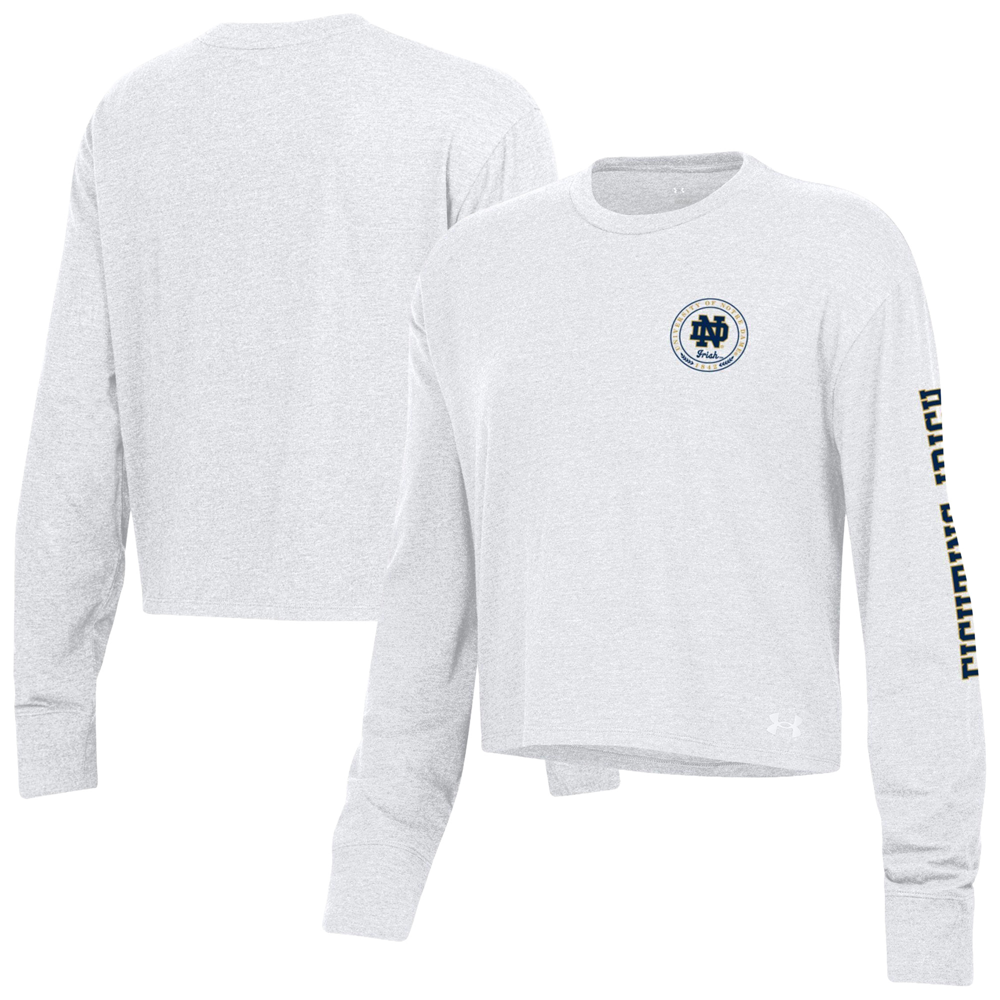 Women's Under Armour White Notre Dame Fighting Irish Icon Sleeve Two-Hit Long Sleeve Crop Top