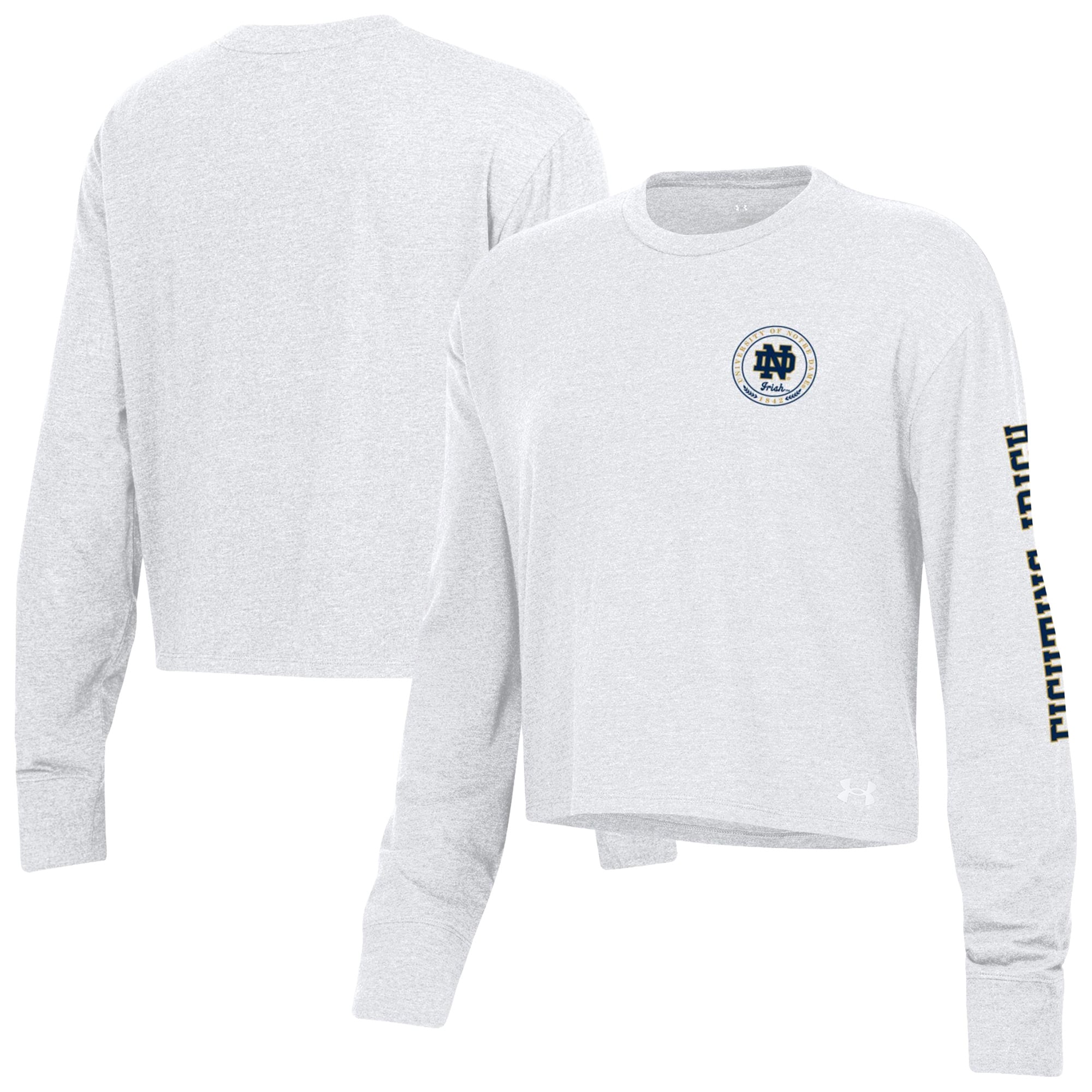 Women's Under Armour White Notre Dame Fighting Irish Icon Sleeve Two-Hit Long Sleeve Crop Top