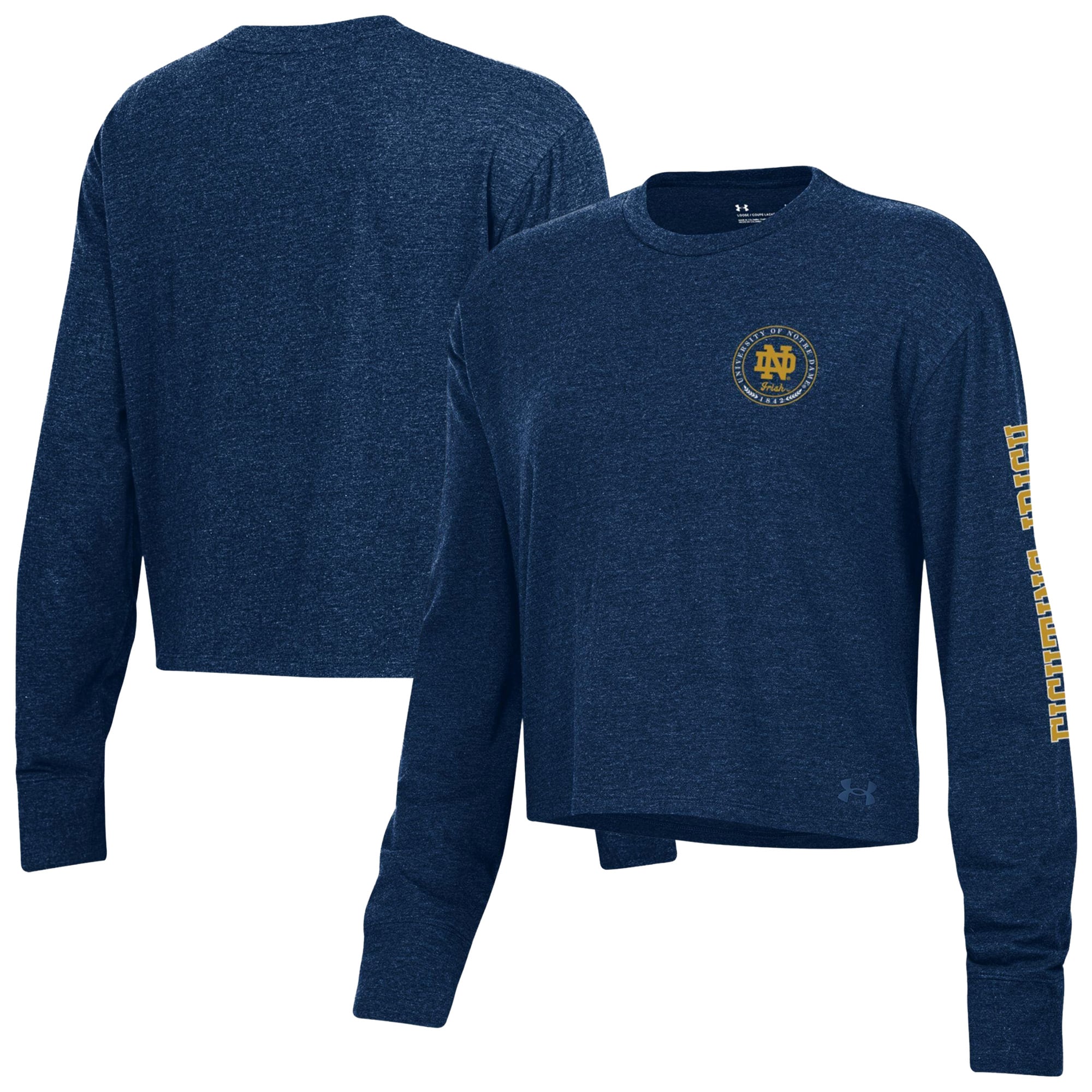 Women's Under Armour Navy Notre Dame Fighting Irish Icon Sleeve Two-Hit Long Sleeve Crop Top